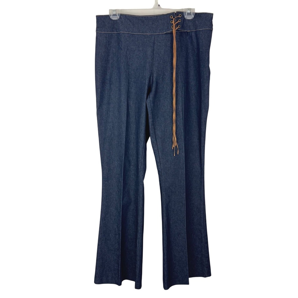 Y2K Stretch Bootcut Denim Pants‎ Dark Wash Lace Up Waist Boho Hippie Indie